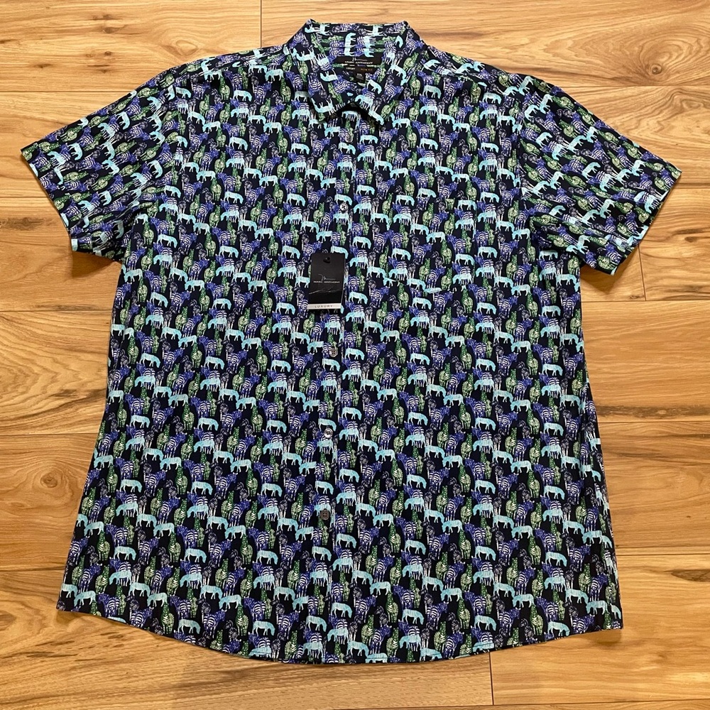 Marc Anthony Men's Elephant Print Casual Shirt - Black and Blue Slim Fit XXL